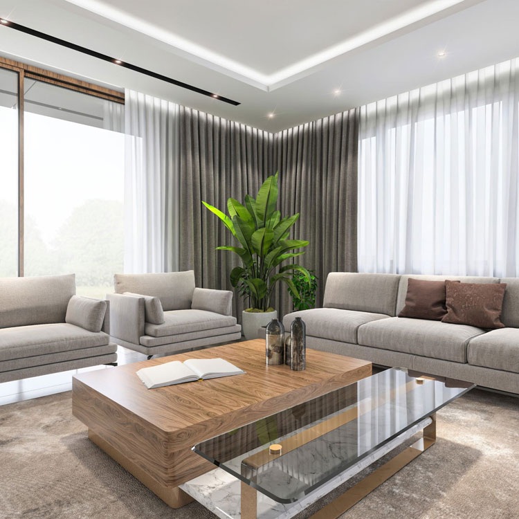 Living room with layered natural and electric light