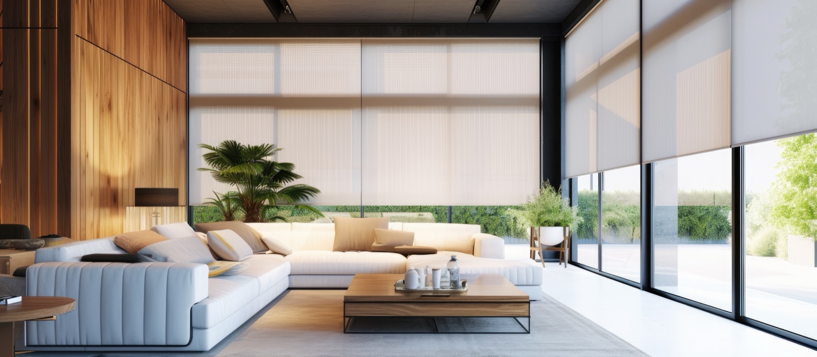 Motorized roller shades filtering sunlight through large windows
