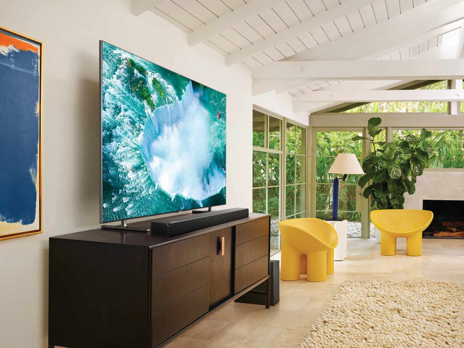 Large flat panel TV in a bright modern living room