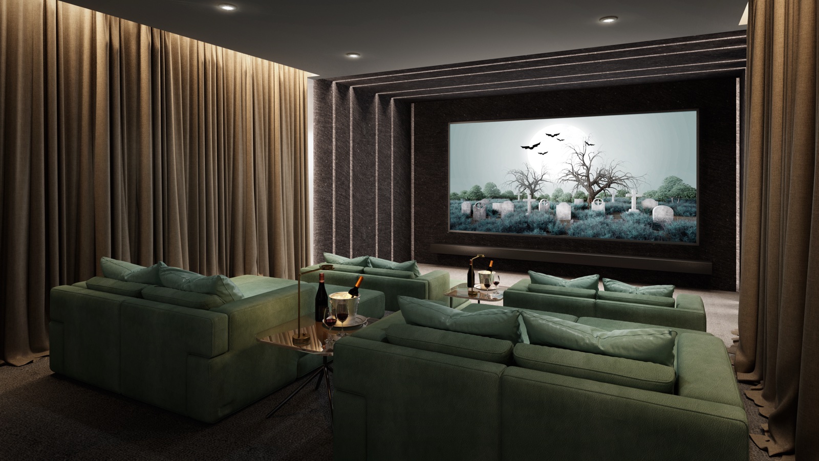 Luxury dedicated home theater with a large screen and lounge seating